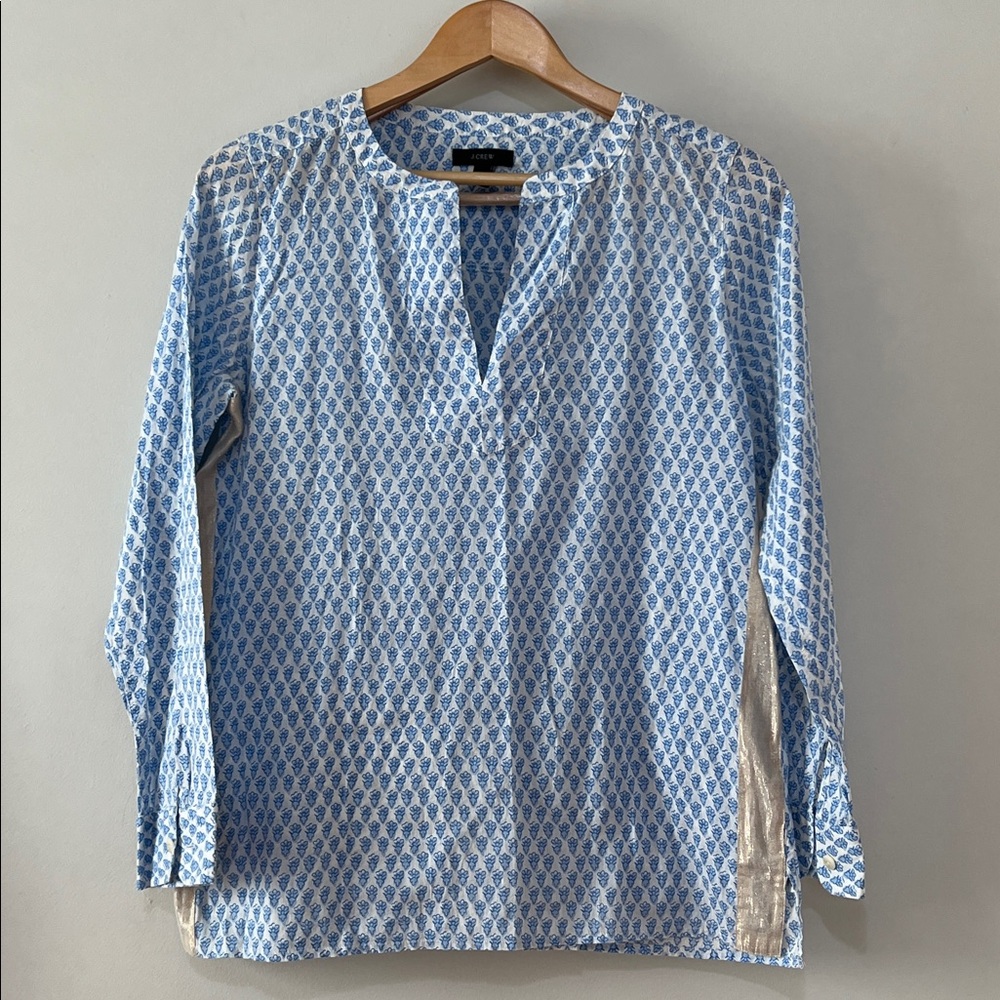 J.Crew Metallic Side Stripe Printed Cotton Popover Top